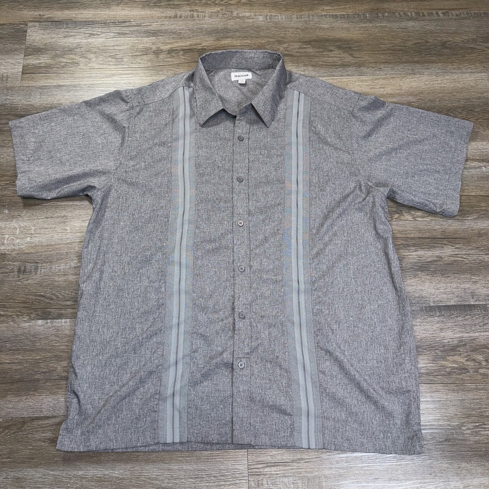 Haggar Shirt Mens XL Gray Short-Sleeve Button-Down Vertical Patterned Panels